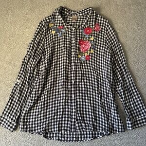 Como Vintage Floral Shirt Plaid Embroidered Button Down Roll Tab Sleeves Size XL